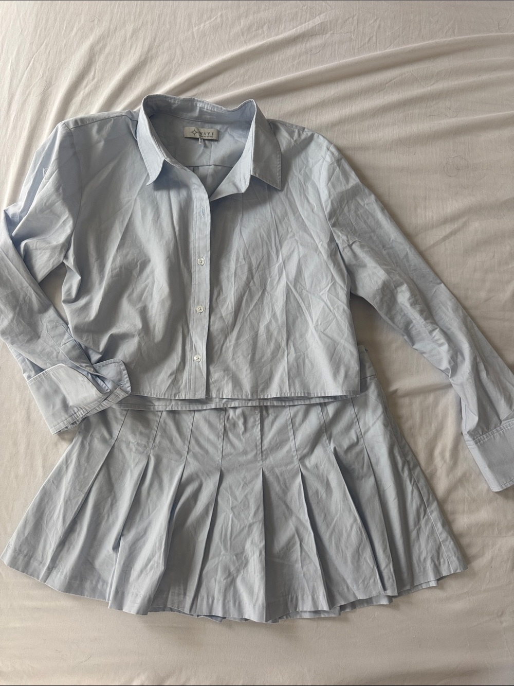 Wayf Light Blue Two-Piece Skirt Set - Pleated Skirt & Cropped Button Shirt